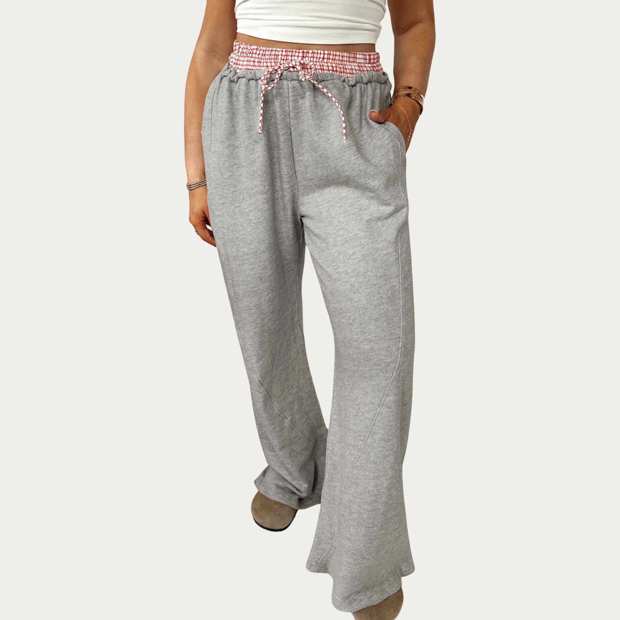 Anna-Kaci Women's Wide Leg Lounge Pants with Soft Stretch Fabric, Elastic Gingham Waistband and Adjustable Drawstring Fit