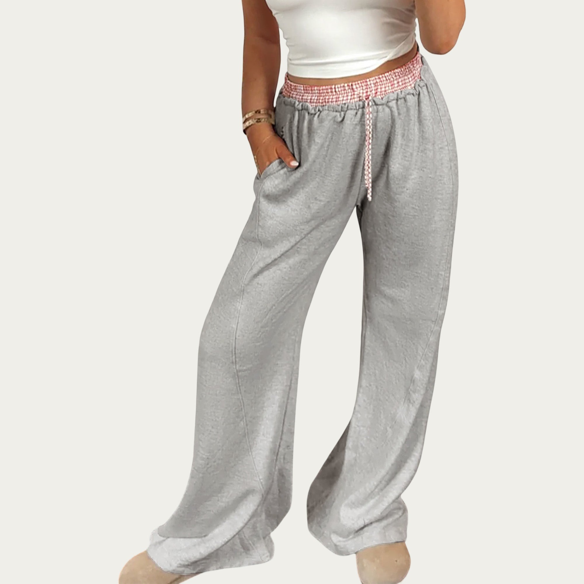 Anna-Kaci Women's Wide Leg Lounge Pants with Soft Stretch Fabric, Elastic Gingham Waistband and Adjustable Drawstring Fit