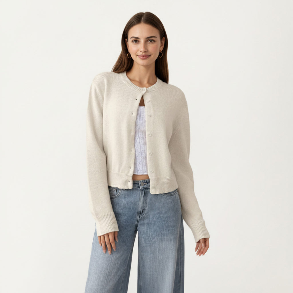 Anna-Kaci Women's Soft Knit Button Front Cropped Cardigan with Ribbed Trim Details and Relaxed Long Sleeves