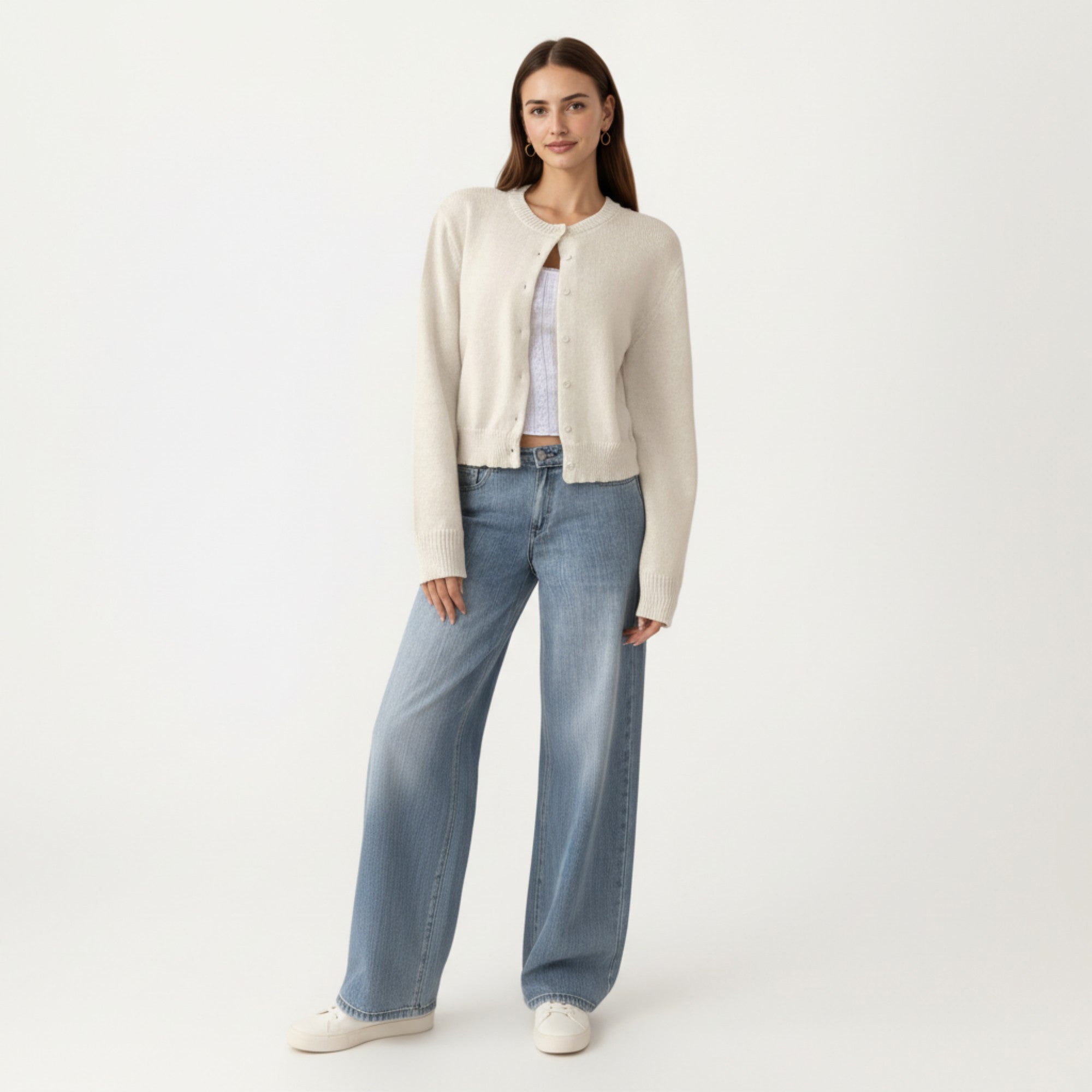 Anna-Kaci Women's Soft Knit Button Front Cropped Cardigan with Ribbed Trim Details and Relaxed Long Sleeves