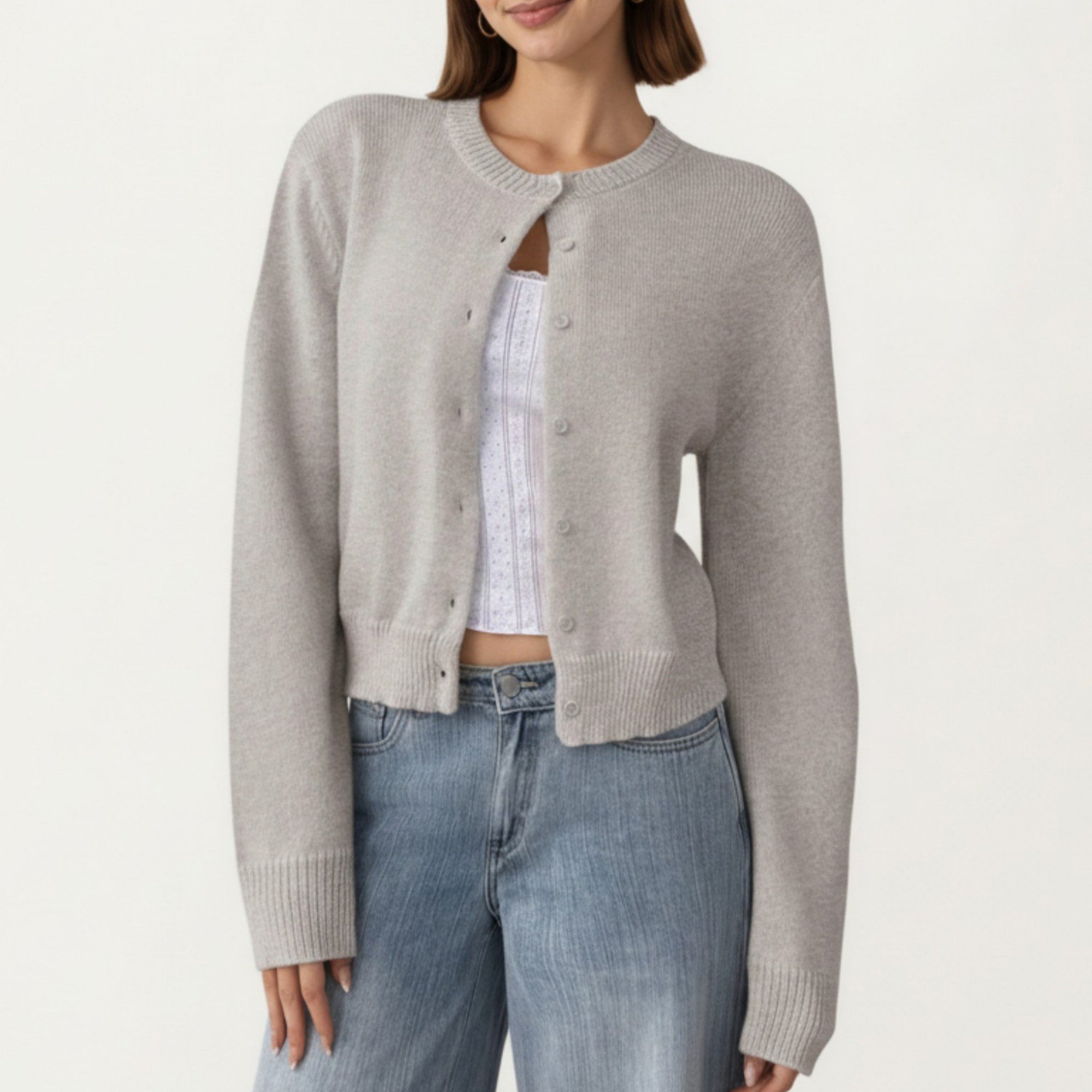 Anna-Kaci Women's Soft Knit Button Front Cropped Cardigan with Ribbed Trim Details and Relaxed Long Sleeves