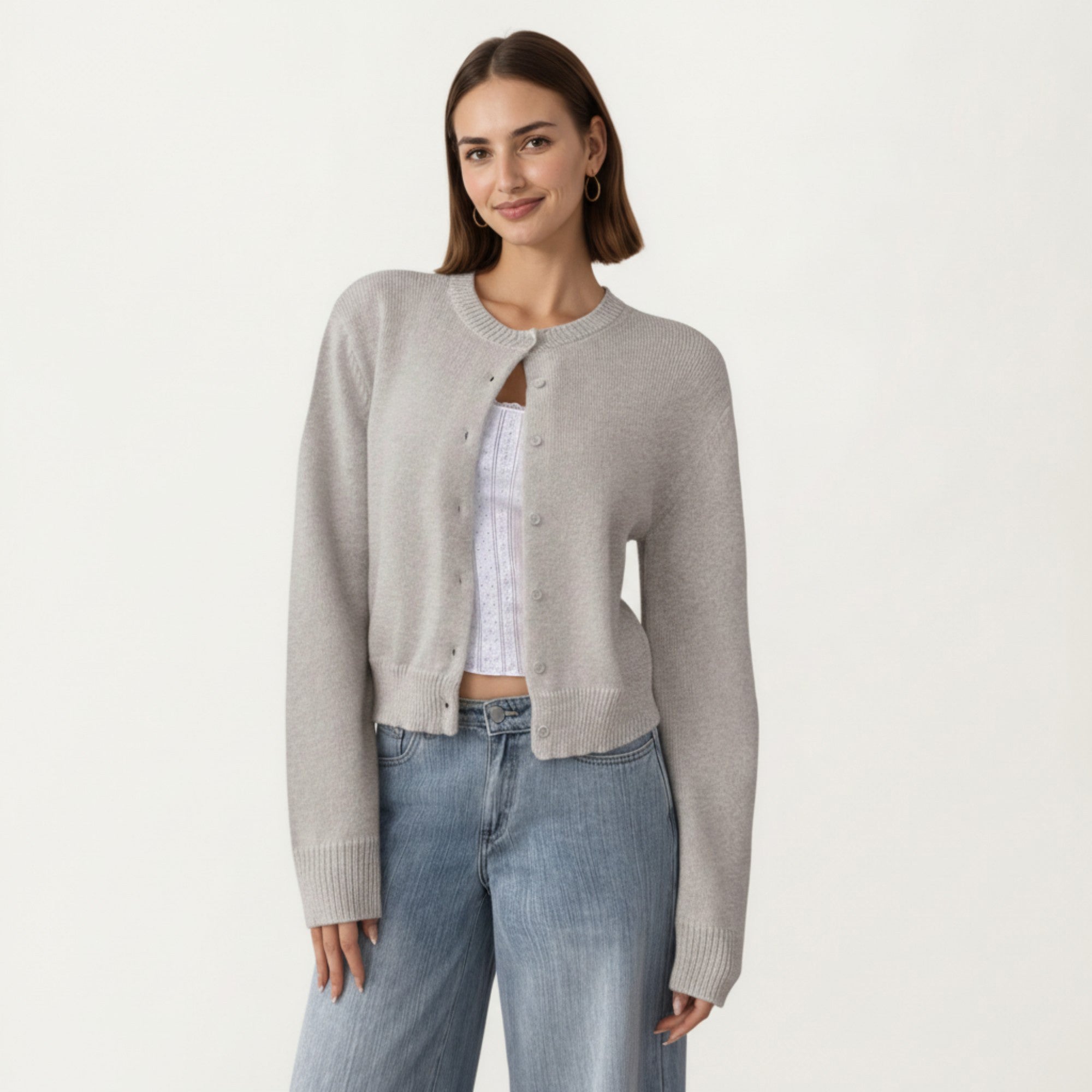 Anna-Kaci Women's Soft Knit Button Front Cropped Cardigan with Ribbed Trim Details and Relaxed Long Sleeves