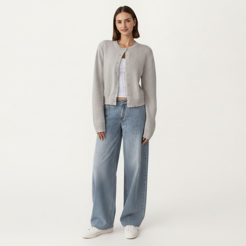 Anna-Kaci Women's Soft Knit Button Front Cropped Cardigan with Ribbed Trim Details and Relaxed Long Sleeves