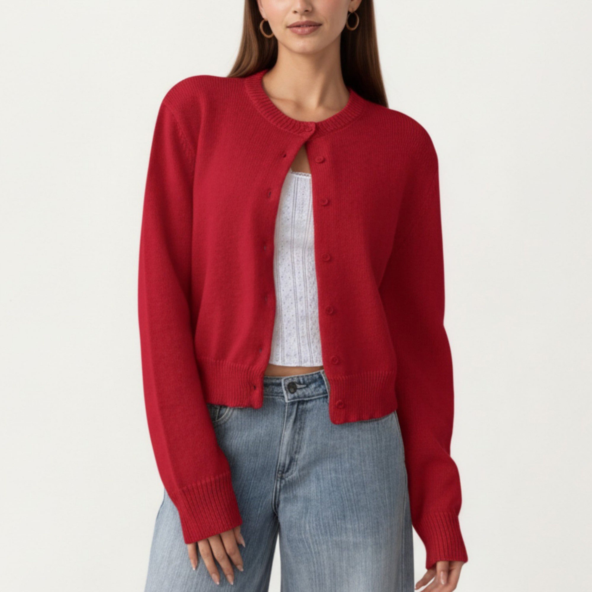 Anna-Kaci Women's Soft Knit Button Front Cropped Cardigan with Ribbed Trim Details and Relaxed Long Sleeves