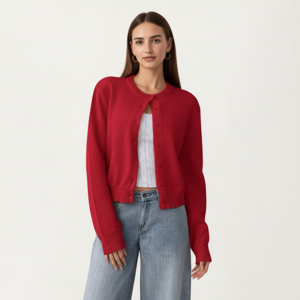 Anna-Kaci Women's Soft Knit Button Front Cropped Cardigan with Ribbed Trim Details and Relaxed Long Sleeves