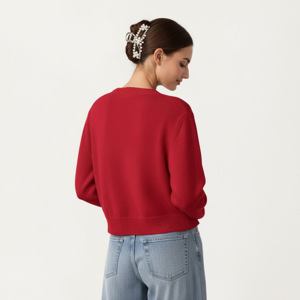 Anna-Kaci Women's Soft Knit Button Front Cropped Cardigan with Ribbed Trim Details and Relaxed Long Sleeves