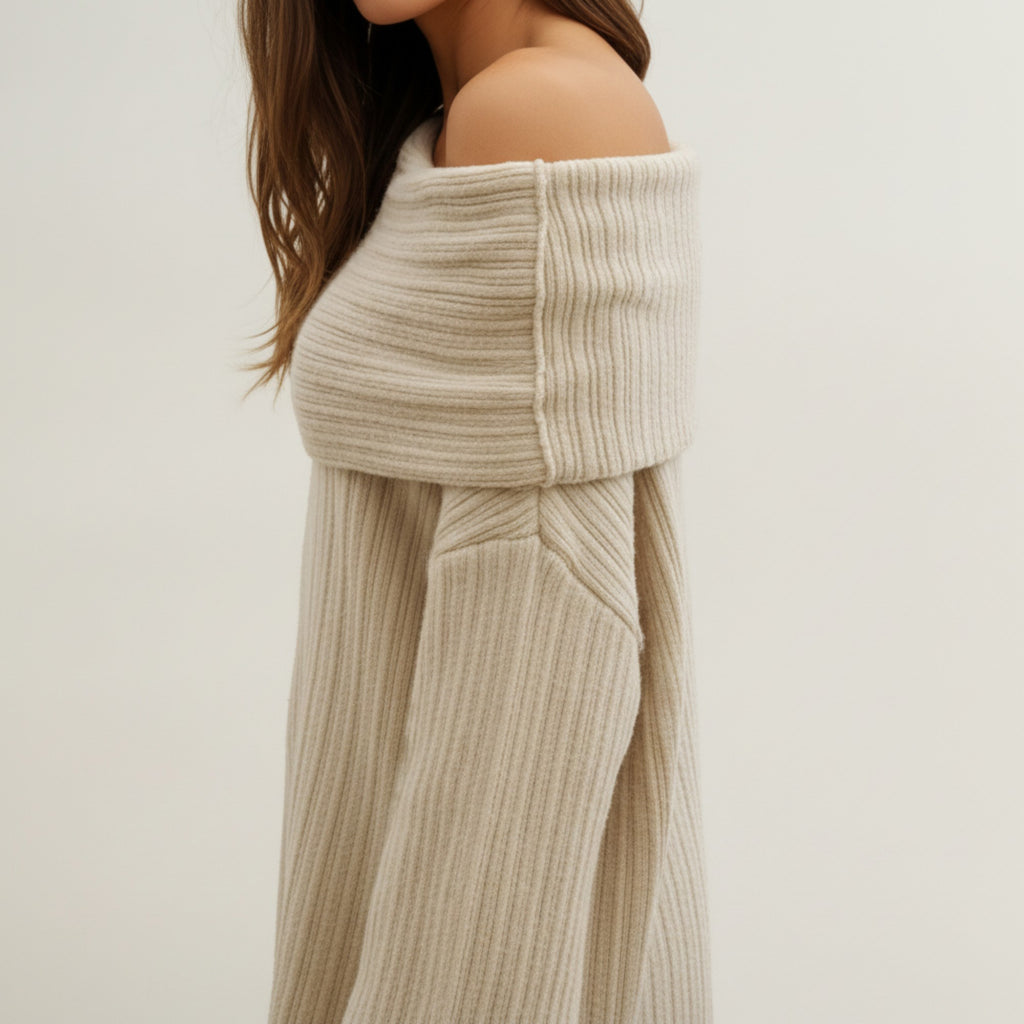 Anna-Kaci Women's Off-Shoulder Ribbed Knit Sweater Top with Foldover Neckline and Soft Relaxed Fit for a Chic Textured Look
