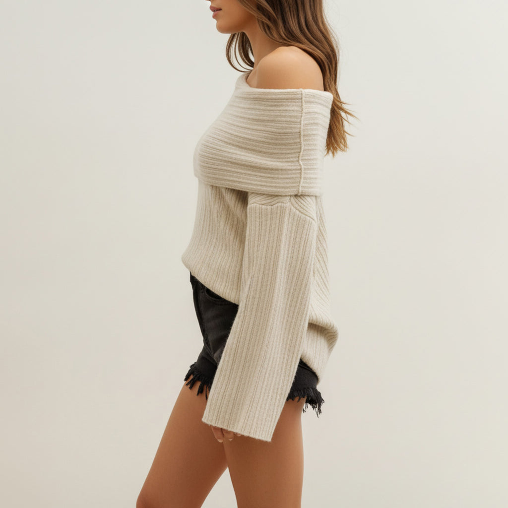 Anna-Kaci Women's Off-Shoulder Ribbed Knit Sweater Top with Foldover Neckline and Soft Relaxed Fit for a Chic Textured Look