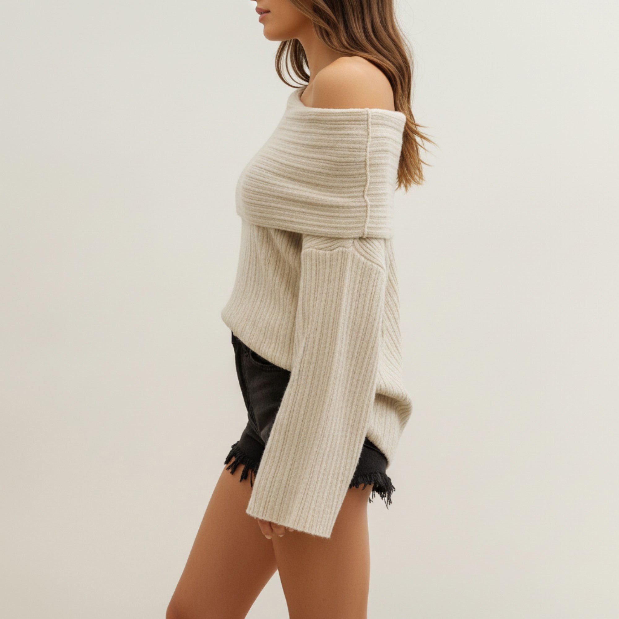 Anna-Kaci Women's Off-Shoulder Ribbed Knit Sweater Top with Foldover Neckline and Soft Relaxed Fit for a Chic Textured Look