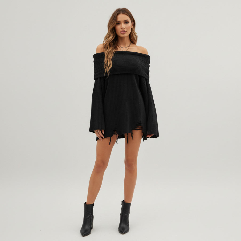 Anna-Kaci Women's Off-Shoulder Ribbed Knit Sweater Top with Foldover Neckline and Soft Relaxed Fit for a Chic Textured Look