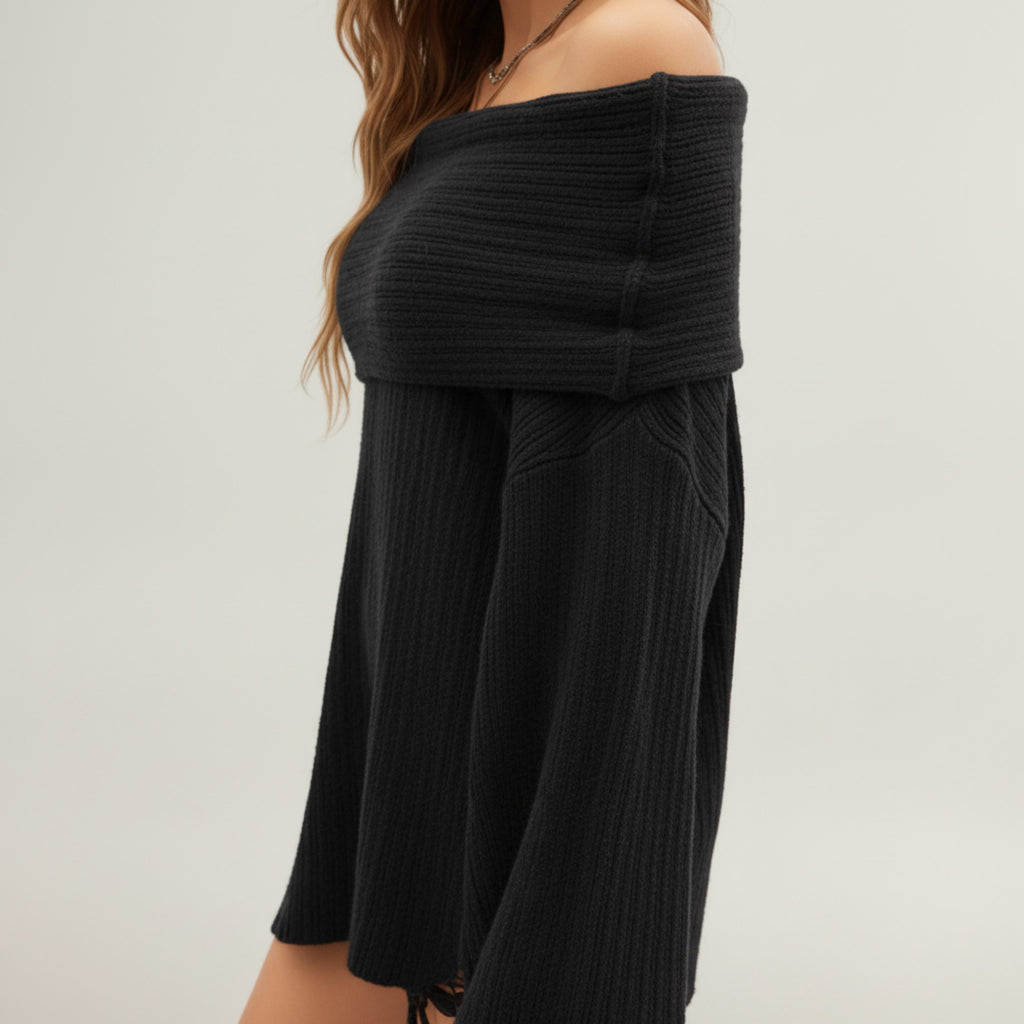 Anna-Kaci Women's Off-Shoulder Ribbed Knit Sweater Top with Foldover Neckline and Soft Relaxed Fit for a Chic Textured Look