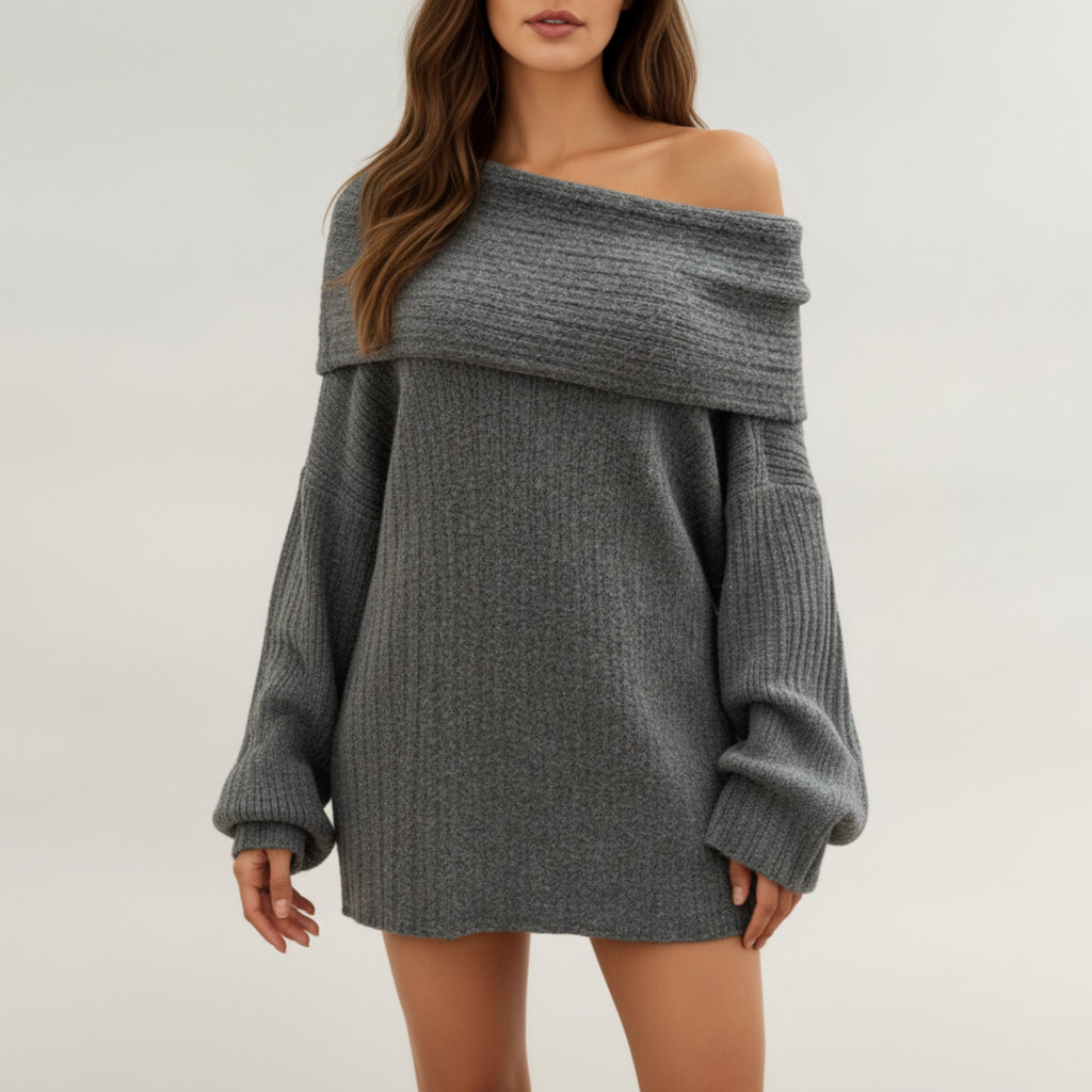 Anna-Kaci Women's Off-Shoulder Ribbed Knit Sweater Top with Foldover Neckline and Soft Relaxed Fit for a Chic Textured Look