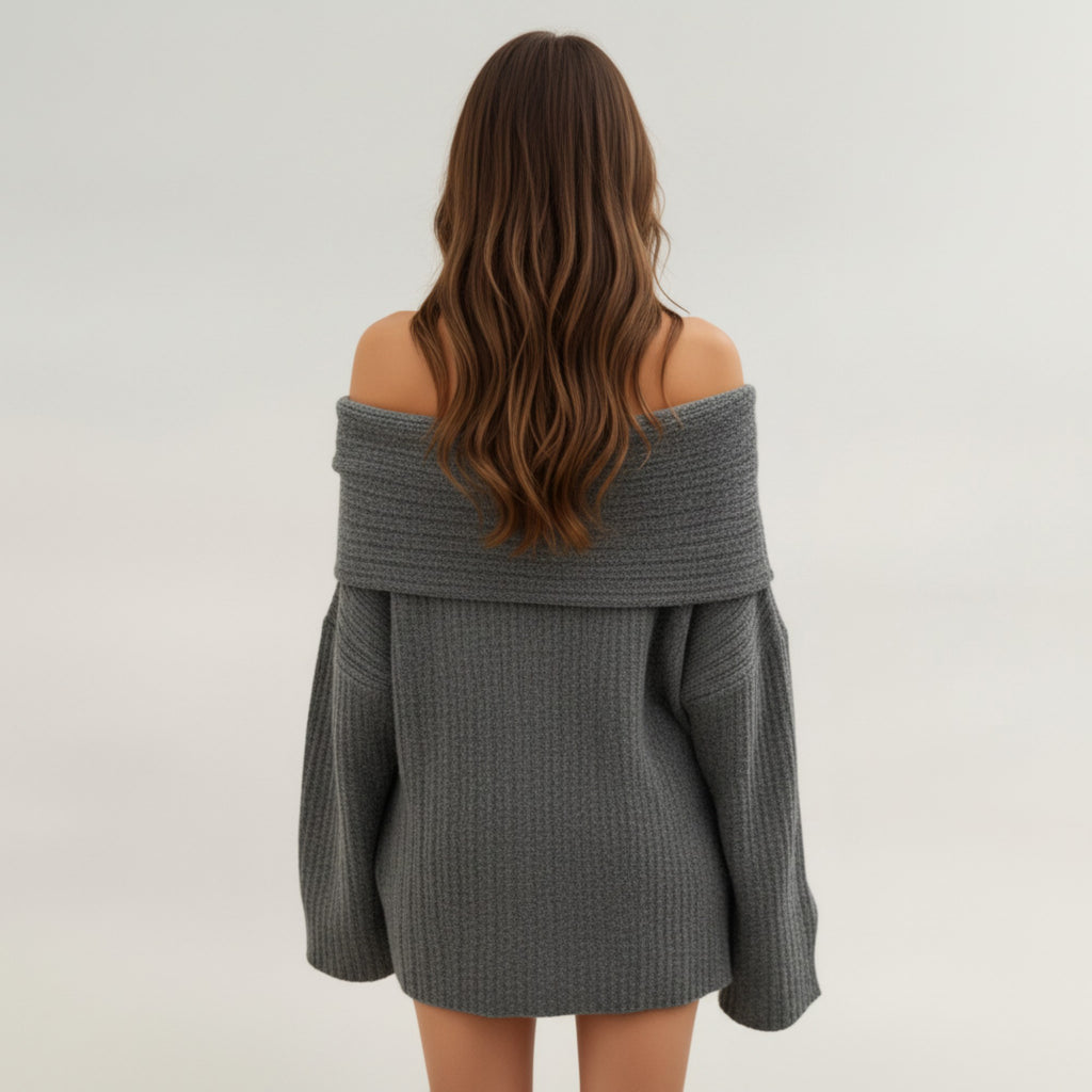 Anna-Kaci Women's Off-Shoulder Ribbed Knit Sweater Top with Foldover Neckline and Soft Relaxed Fit for a Chic Textured Look