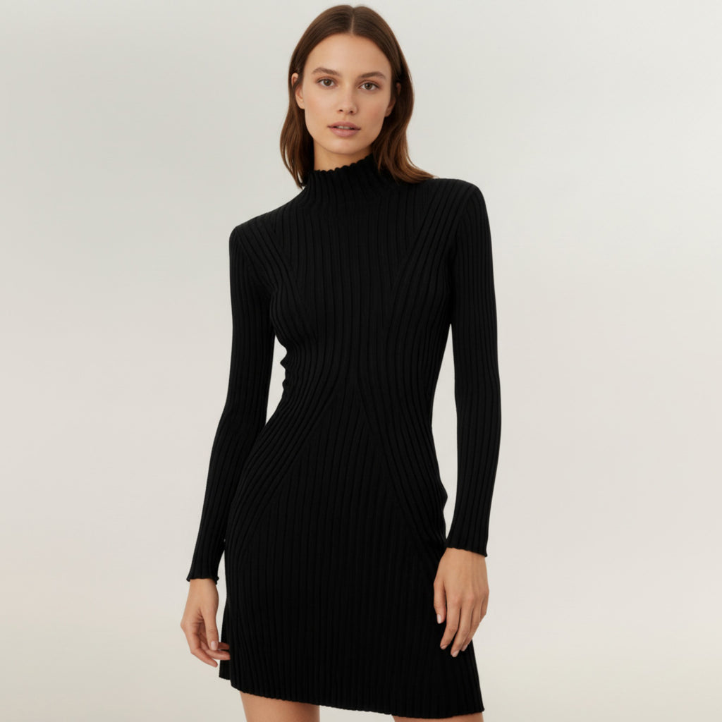 Anna-Kaci Women's Long Sleeve Ribbed Knit Mini Dress with Contoured Textured Paneling and Stretch Fit for a Flattering Silhouette
