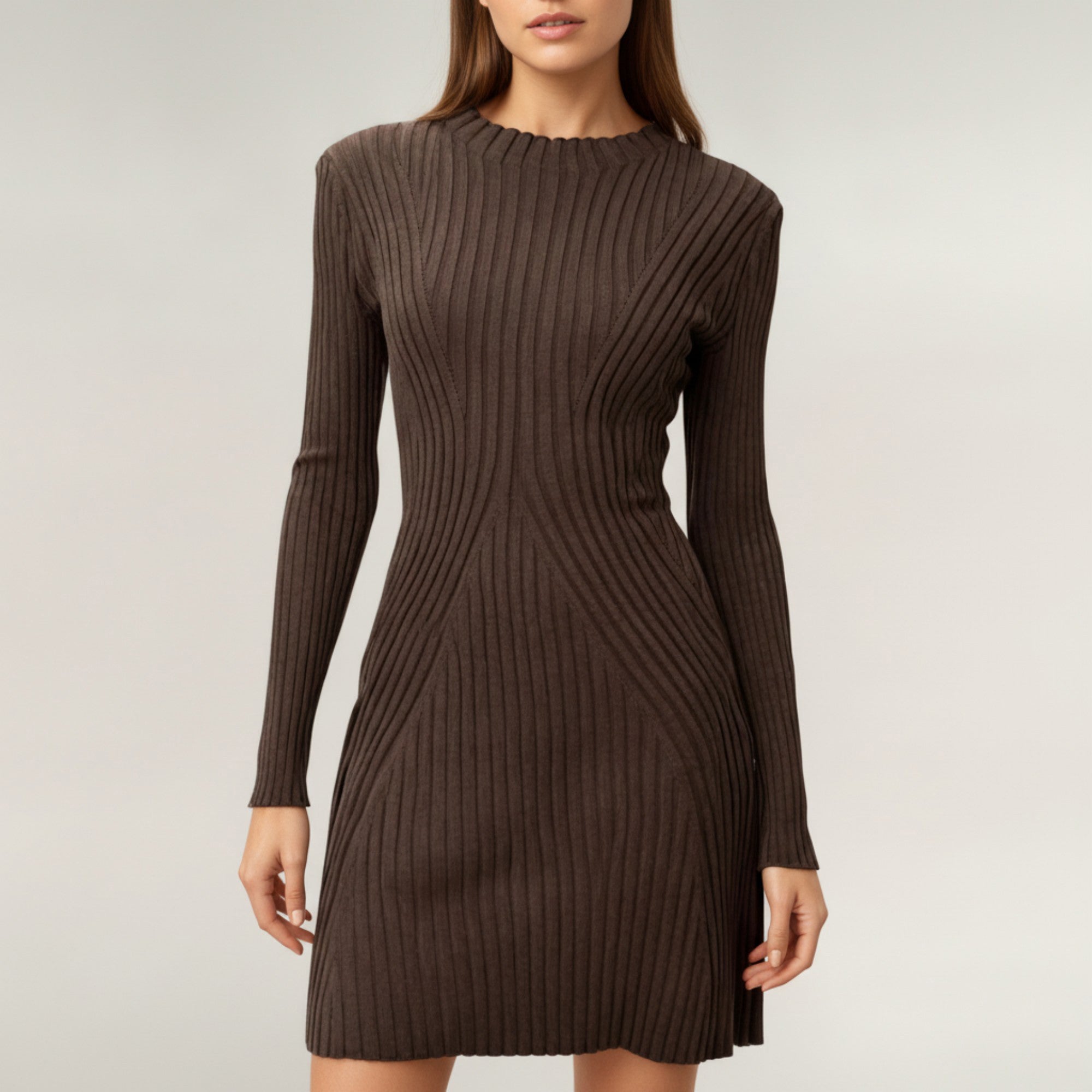 Anna-Kaci Women's Long Sleeve Ribbed Knit Mini Dress with Contoured Textured Paneling and Stretch Fit for a Flattering Silhouette