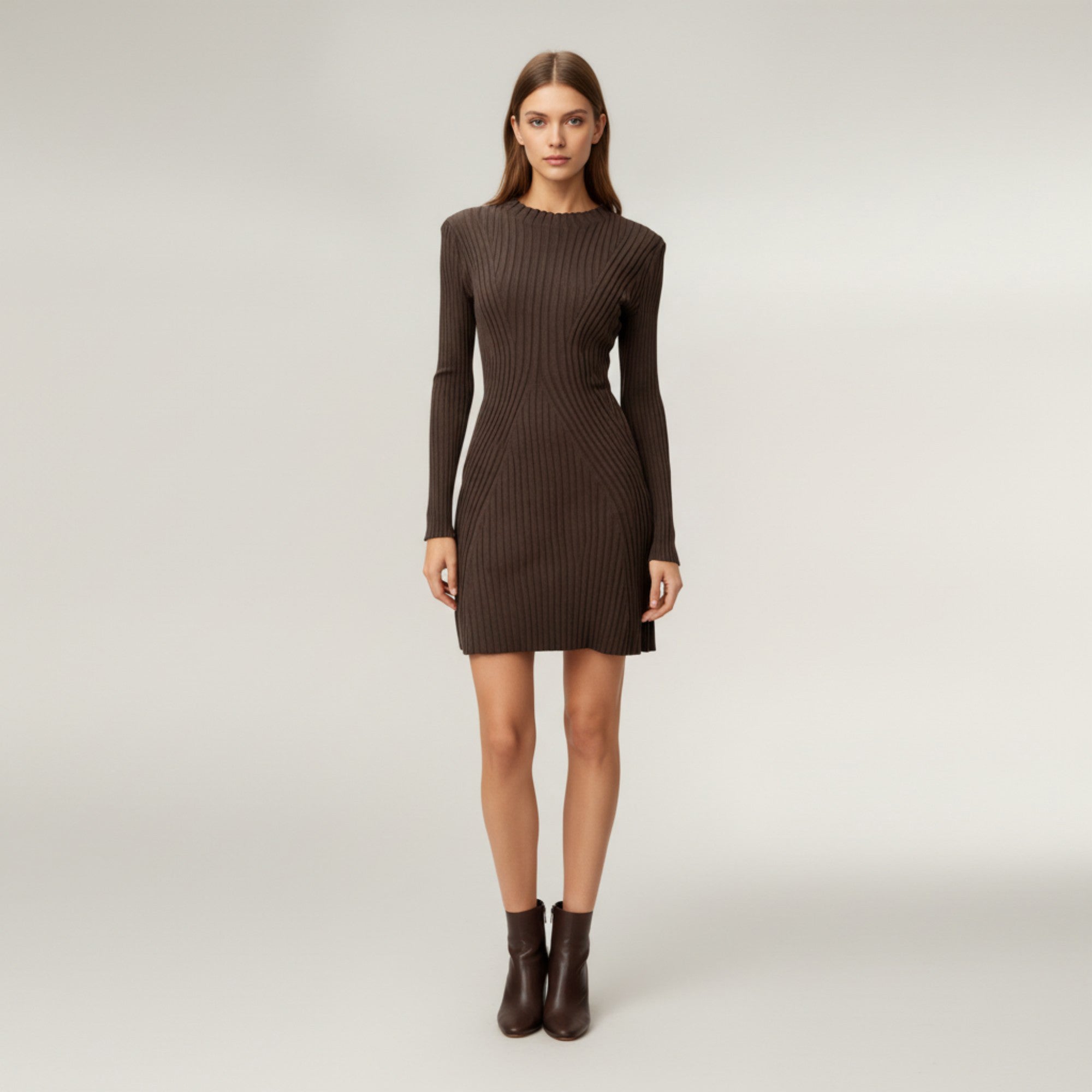 Anna-Kaci Women's Long Sleeve Ribbed Knit Mini Dress with Contoured Textured Paneling and Stretch Fit for a Flattering Silhouette