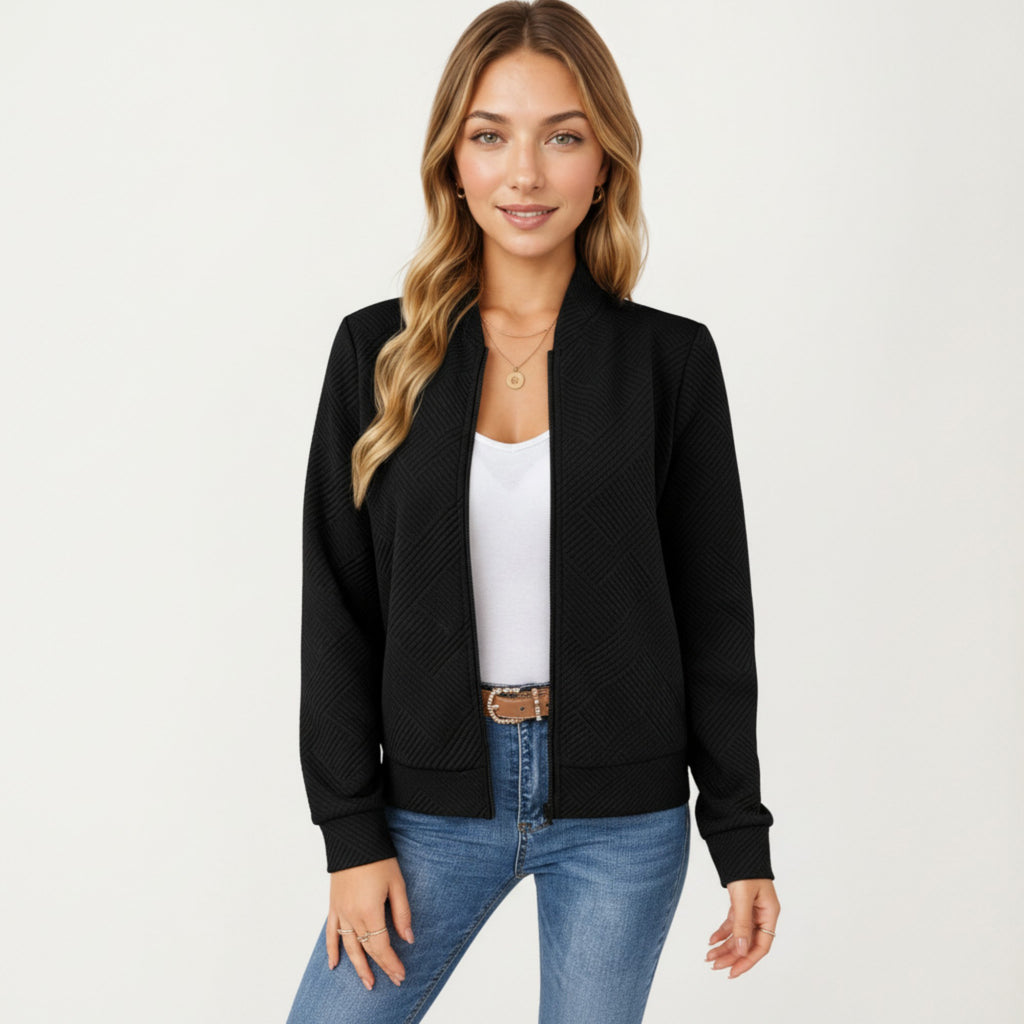 Anna-Kaci Women's Textured Knit Zip Front Jacket with Soft Structured Shape and Ribbed Edges for Polished Everyday Layering