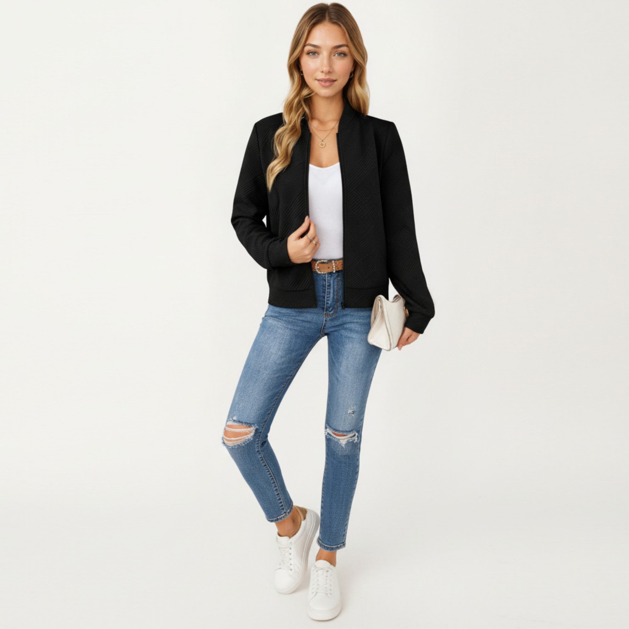 Anna-Kaci Women's Textured Knit Zip Front Jacket with Soft Structured Shape and Ribbed Edges for Polished Everyday Layering