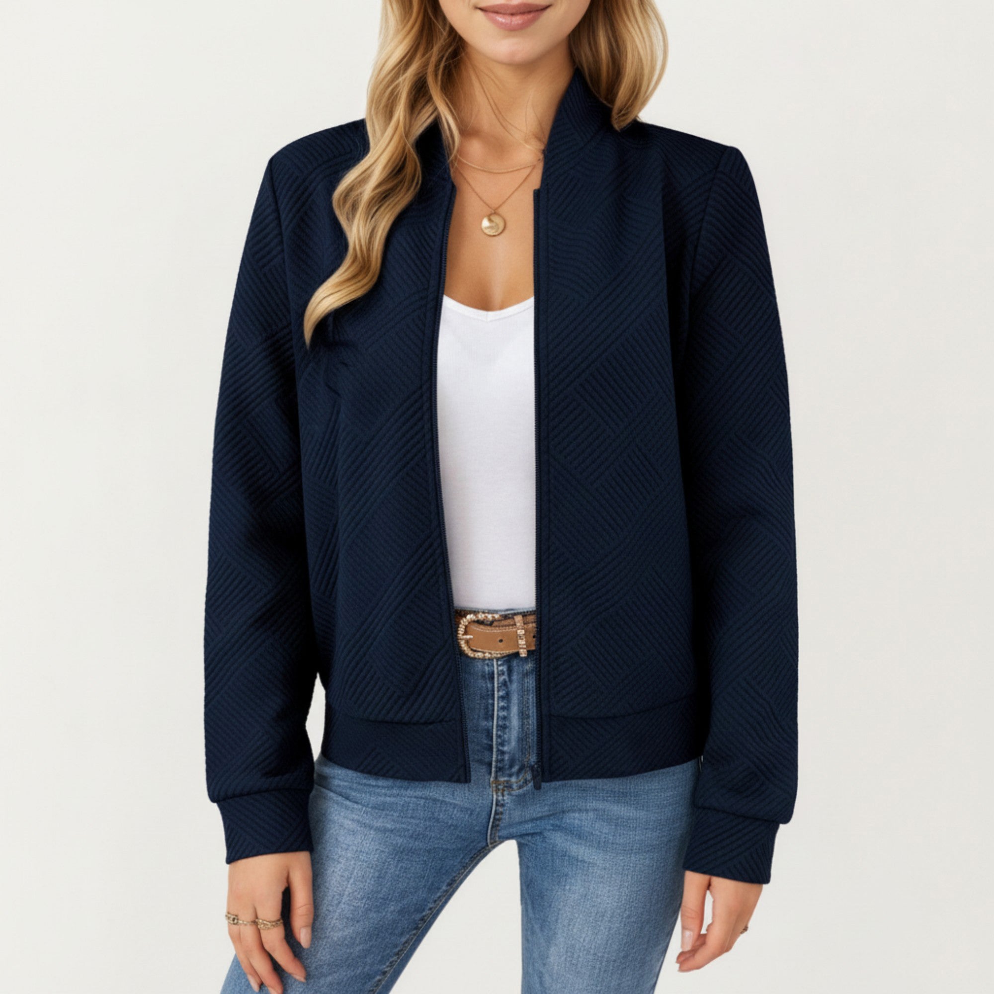 Anna-Kaci Women's Textured Knit Zip Front Jacket with Soft Structured Shape and Ribbed Edges for Polished Everyday Layering