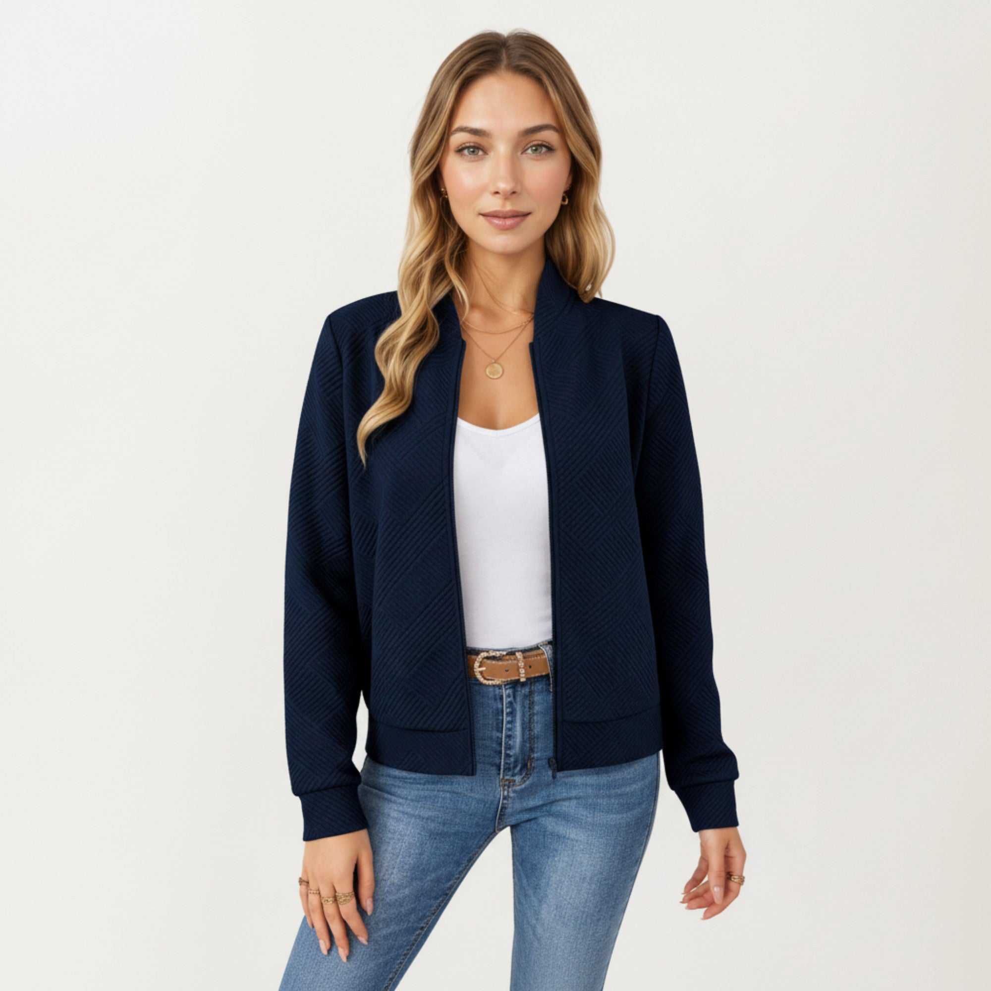 Anna-Kaci Women's Textured Knit Zip Front Jacket with Soft Structured Shape and Ribbed Edges for Polished Everyday Layering