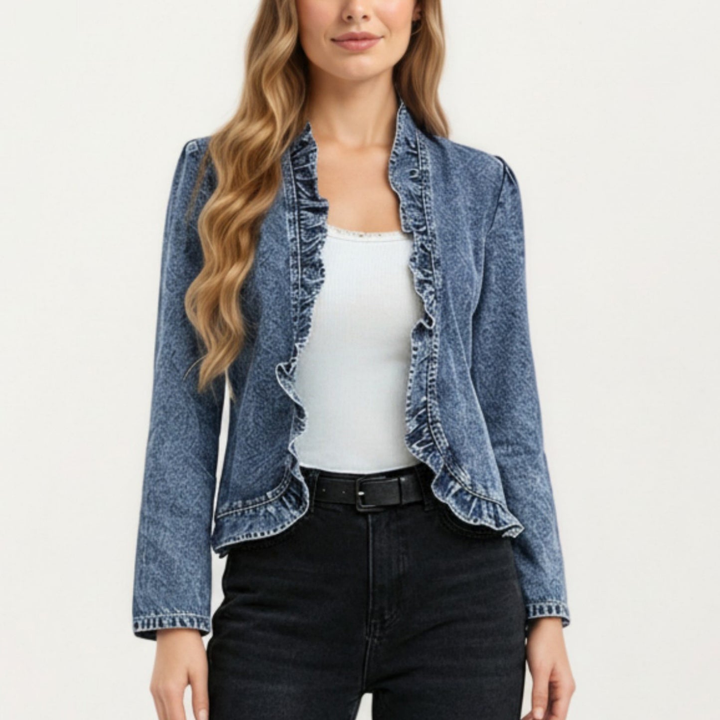 Anna-Kaci Women's Denim Jacket with Soft Ruffle Trim Open Front Design and Textured Washed Finish for Stylish Layered Outfits