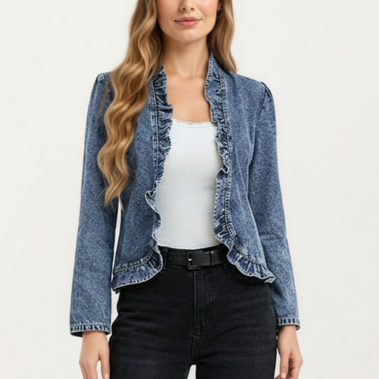 Anna-Kaci Women's Denim Jacket with Soft Ruffle Trim Open Front Design and Textured Washed Finish for Stylish Layered Outfits
