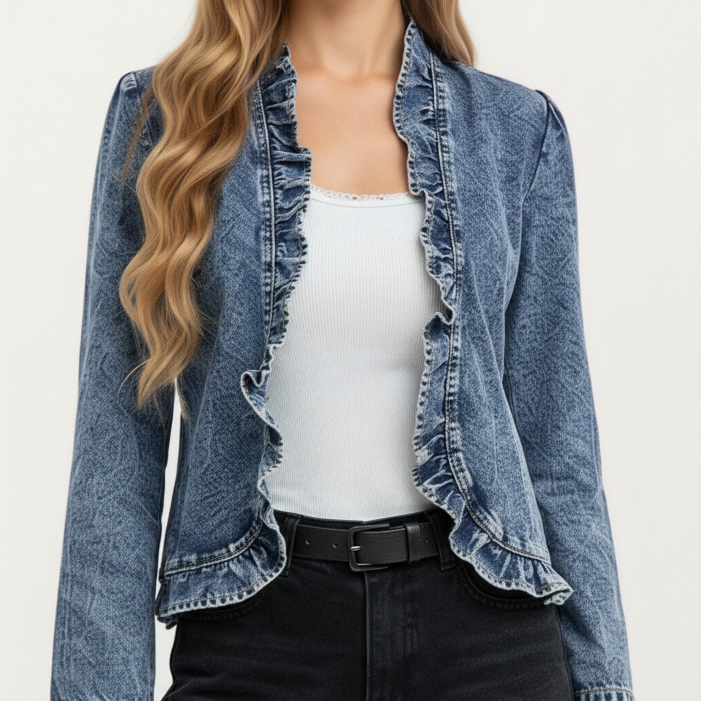 Anna-Kaci Women's Denim Jacket with Soft Ruffle Trim Open Front Design and Textured Washed Finish for Stylish Layered Outfits