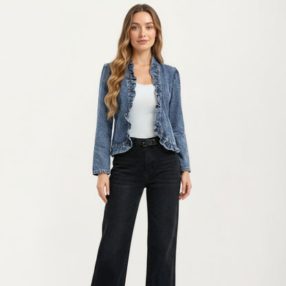 Anna-Kaci Women's Denim Jacket with Soft Ruffle Trim Open Front Design and Textured Washed Finish for Stylish Layered Outfits