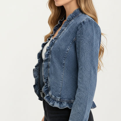 Anna-Kaci Women's Denim Jacket with Soft Ruffle Trim Open Front Design and Textured Washed Finish for Stylish Layered Outfits