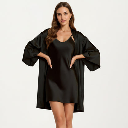 Anna-Kaci Lounge Women's 2-Piece Set Satin Slip Dress and Open Front Robe with Flowing Draped Sleeves and Lightweight Fabric