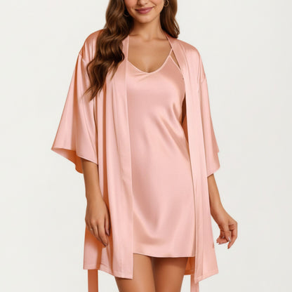 Anna-Kaci Lounge Women's 2-Piece Set Satin Slip Dress and Open Front Robe with Flowing Draped Sleeves and Lightweight Fabric
