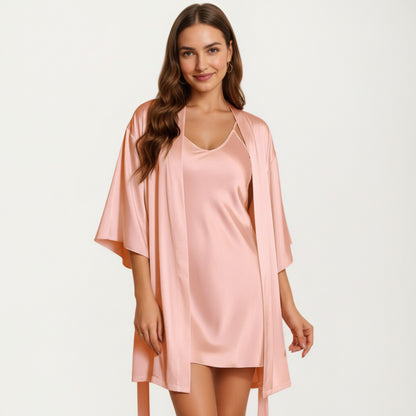 Anna-Kaci Lounge Women's 2-Piece Set Satin Slip Dress and Open Front Robe with Flowing Draped Sleeves and Lightweight Fabric