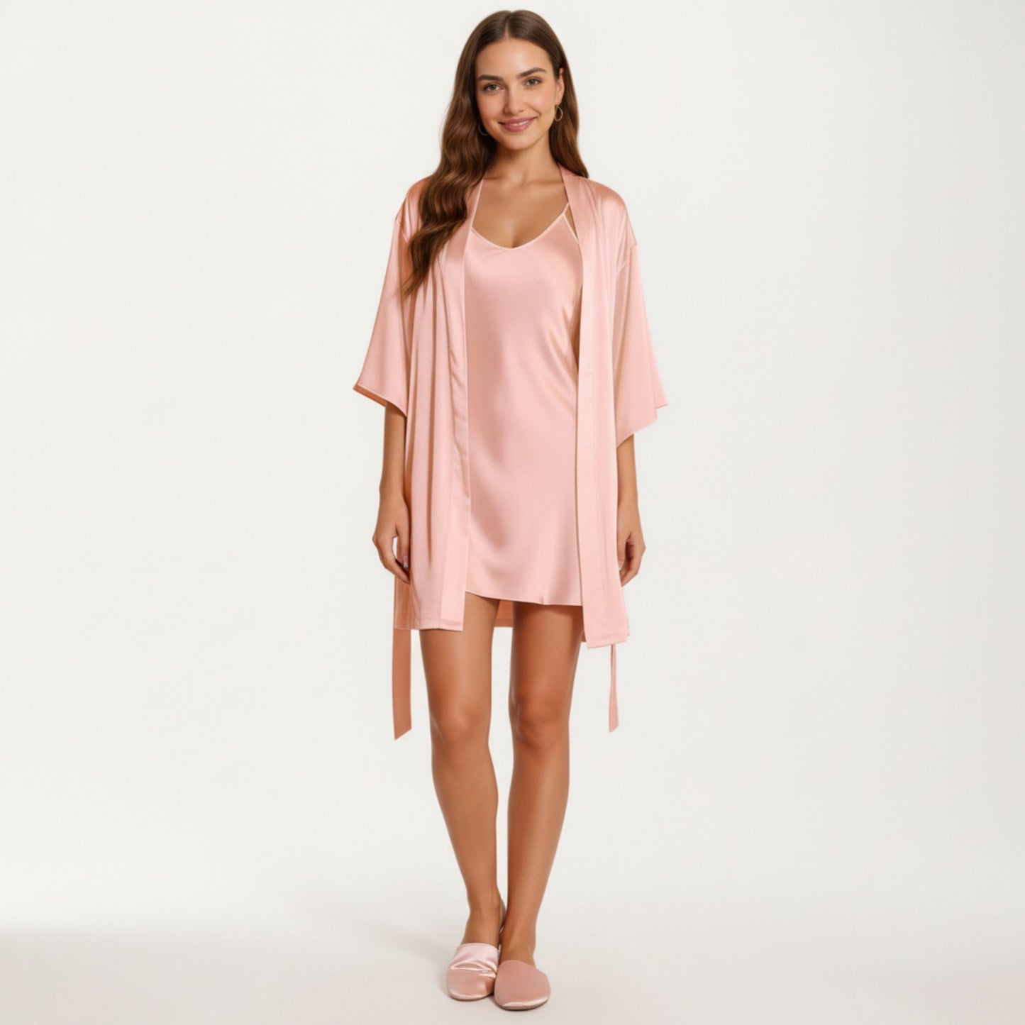 Anna-Kaci Lounge Women's 2-Piece Set Satin Slip Dress and Open Front Robe with Flowing Draped Sleeves and Lightweight Fabric