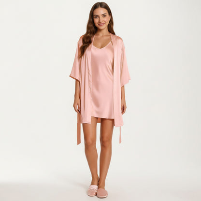 Anna-Kaci Lounge Women's 2-Piece Set Satin Slip Dress and Open Front Robe with Flowing Draped Sleeves and Lightweight Fabric