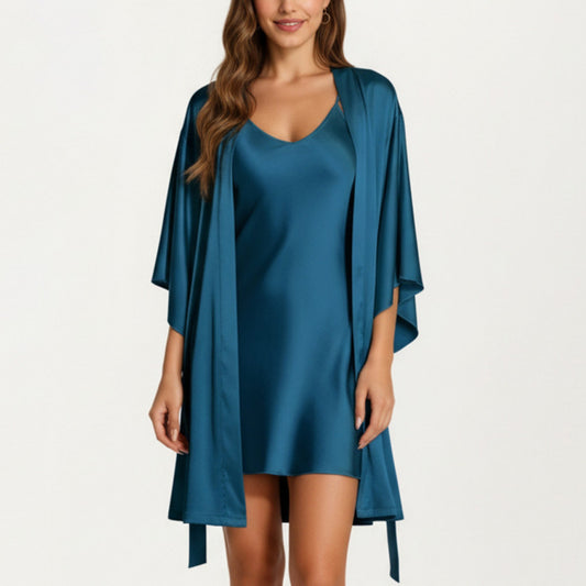 Anna-Kaci Lounge Women's 2-Piece Set Satin Slip Dress and Open Front Robe with Flowing Draped Sleeves and Lightweight Fabric