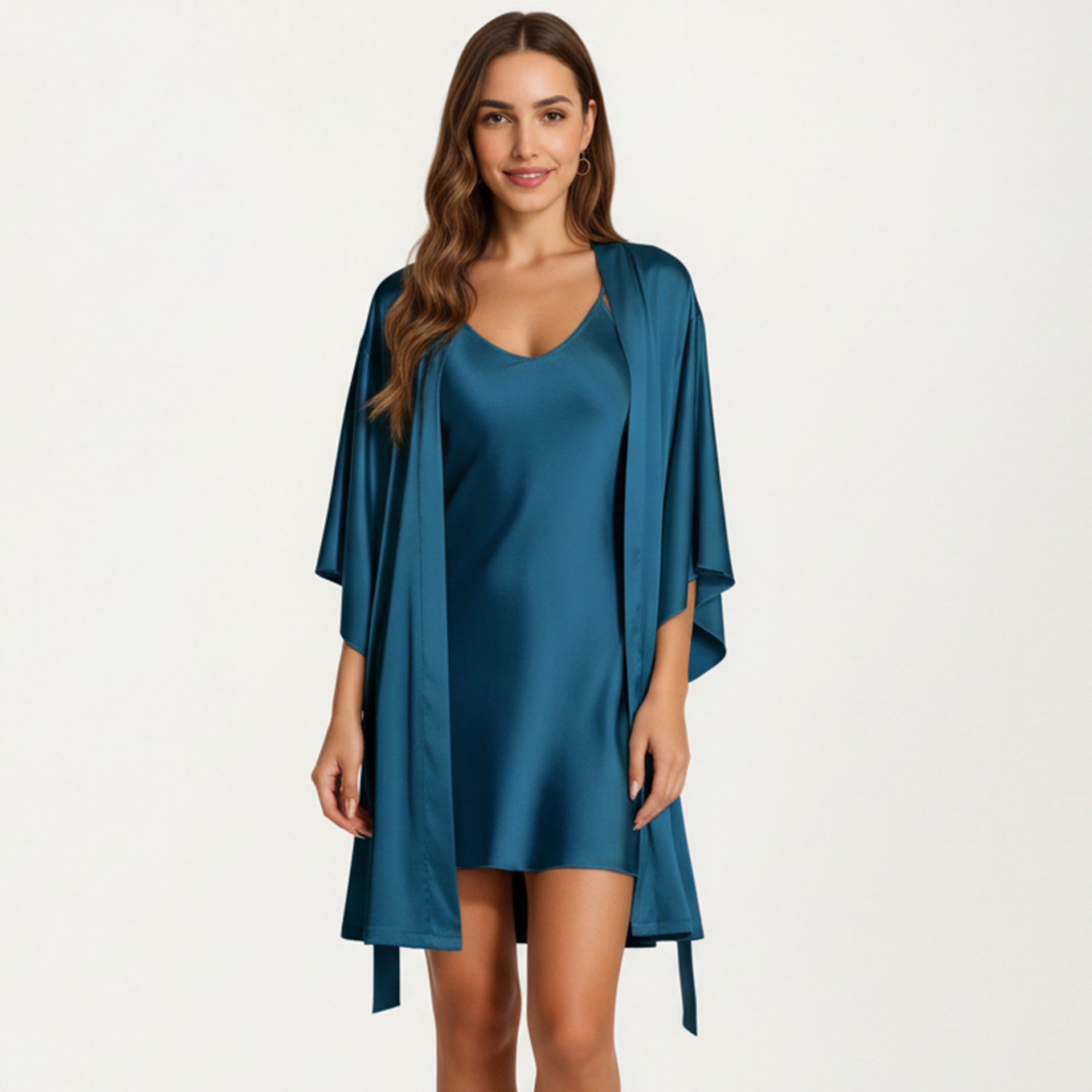 Anna-Kaci Lounge Women's 2-Piece Set Satin Slip Dress and Open Front Robe with Flowing Draped Sleeves and Lightweight Fabric