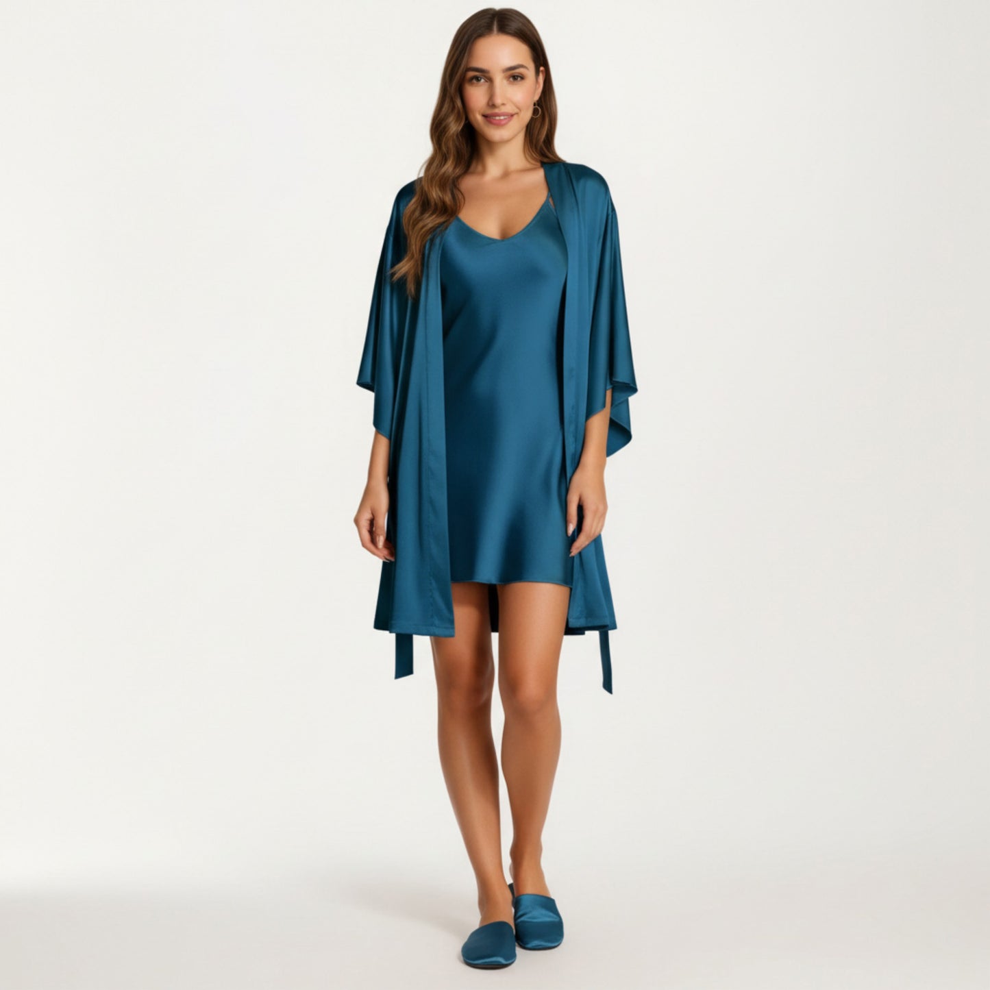 Anna-Kaci Lounge Women's 2-Piece Set Satin Slip Dress and Open Front Robe with Flowing Draped Sleeves and Lightweight Fabric