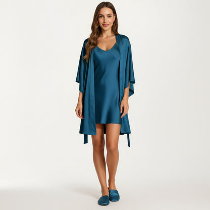 Anna-Kaci Lounge Women's 2-Piece Set Satin Slip Dress and Open Front Robe with Flowing Draped Sleeves and Lightweight Fabric