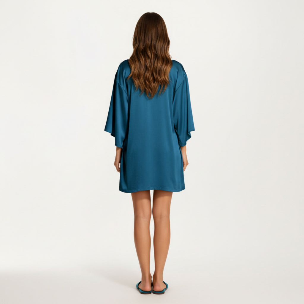 Anna-Kaci Lounge Women's 2-Piece Set Satin Slip Dress and Open Front Robe with Flowing Draped Sleeves and Lightweight Fabric