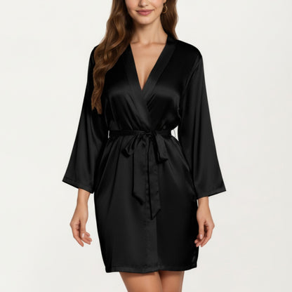 Anna-Kaci Lounge Women's Satin Short Robe with Wrap Front Design and Adjustable Tie Waist in Smooth Lightweight Silky Fabric