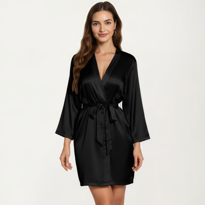 Anna-Kaci Lounge Women's Satin Short Robe with Wrap Front Design and Adjustable Tie Waist in Smooth Lightweight Silky Fabric