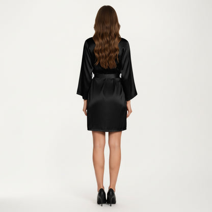 Anna-Kaci Lounge Women's Satin Short Robe with Wrap Front Design and Adjustable Tie Waist in Smooth Lightweight Silky Fabric