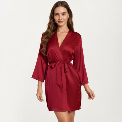 Anna-Kaci Lounge Women's Satin Short Robe with Wrap Front Design and Adjustable Tie Waist in Smooth Lightweight Silky Fabric
