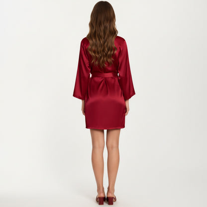 Anna-Kaci Lounge Women's Satin Short Robe with Wrap Front Design and Adjustable Tie Waist in Smooth Lightweight Silky Fabric