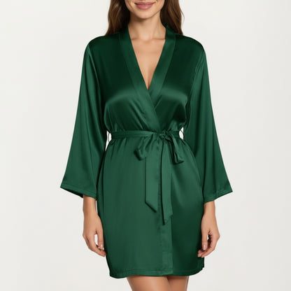 Anna-Kaci Lounge Women's Satin Short Robe with Wrap Front Design and Adjustable Tie Waist in Smooth Lightweight Silky Fabric