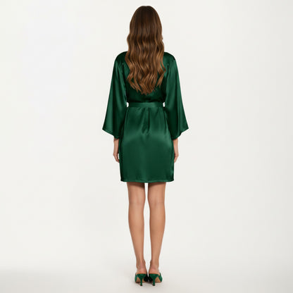 Anna-Kaci Lounge Women's Satin Short Robe with Wrap Front Design and Adjustable Tie Waist in Smooth Lightweight Silky Fabric