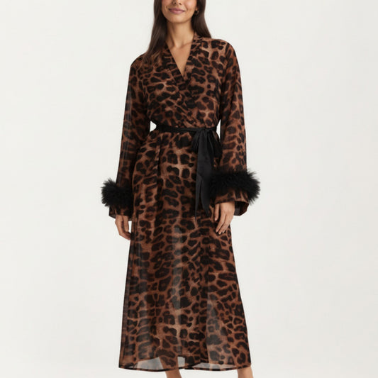Anna-Kaci Lounge Women's Leopard Print Mesh Robe Dress with Feather Sleeves and Satin Tie Waist in Longline Silhouette