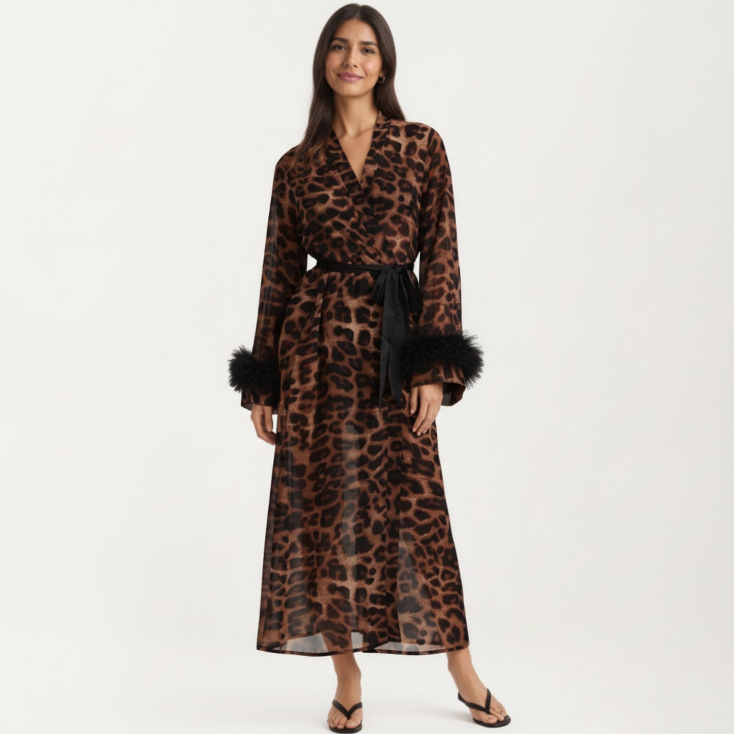 Anna-Kaci Lounge Women's Leopard Print Mesh Robe Dress with Feather Sleeves and Satin Tie Waist in Longline Silhouette