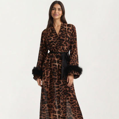 Anna-Kaci Lounge Women's Leopard Print Mesh Robe Dress with Feather Sleeves and Satin Tie Waist in Longline Silhouette