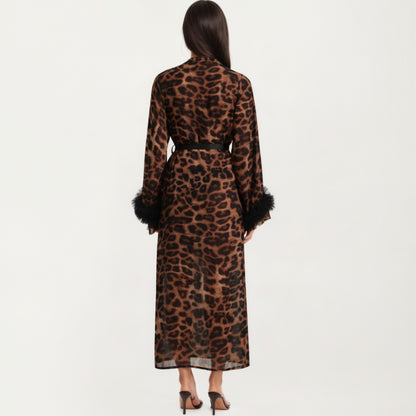 Anna-Kaci Lounge Women's Leopard Print Mesh Robe Dress with Feather Sleeves and Satin Tie Waist in Longline Silhouette